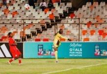 Goals 4 Pads reaches 14,000 after Bloemfontein, East London next Banyana Banyana goalkeeper kicks a ball past a Stayfree Goals for Pads Initiative board at the stadium.