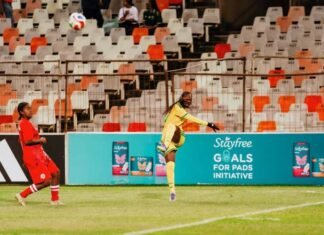 Goals 4 Pads reaches 14,000 after Bloemfontein, East London next Banyana Banyana goalkeeper kicks a ball past a Stayfree Goals for Pads Initiative board at the stadium.