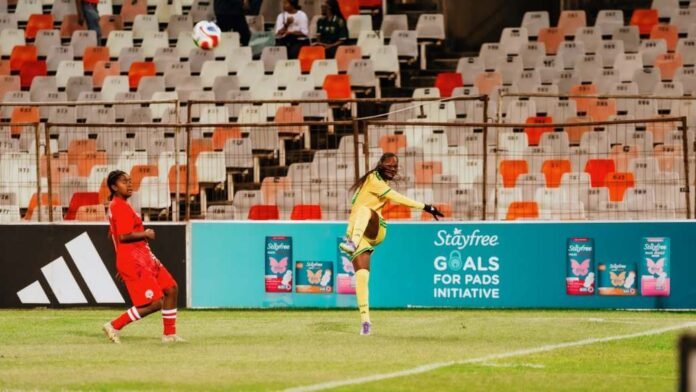 Banyana Banyana goalkeeper kicks a ball past a Stayfree Goals for Pads Initiative board at the stadium.