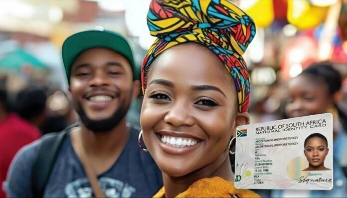 Digital composite of woman and man with a South African Smart ID card overlaid in the foreground