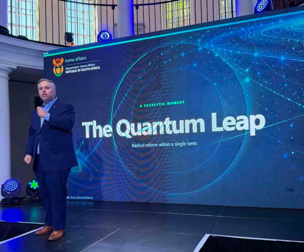 Home Affairs Minister Leon Schreiber speaks on stage during the Quantum Leap launch at Constitution Hill