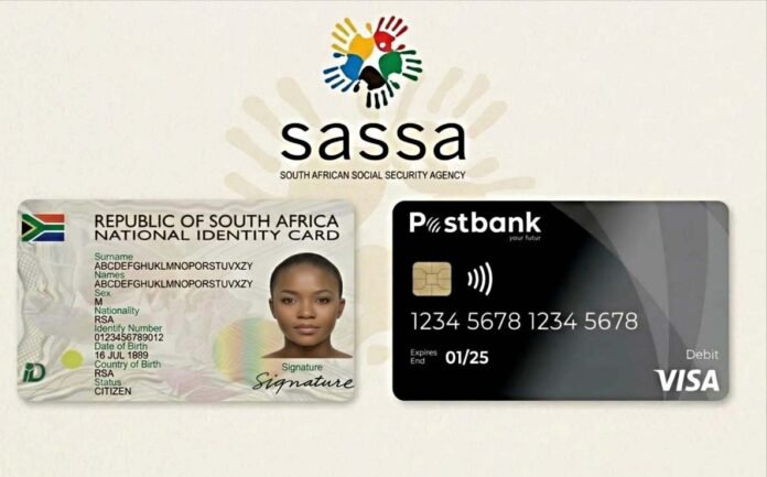 SASSA logo above a South African National Identity Card and black Postbank Visa debit card