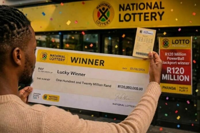 Man holds R120 million National Lottery cheque and PowerBall ticket outside a lottery shop